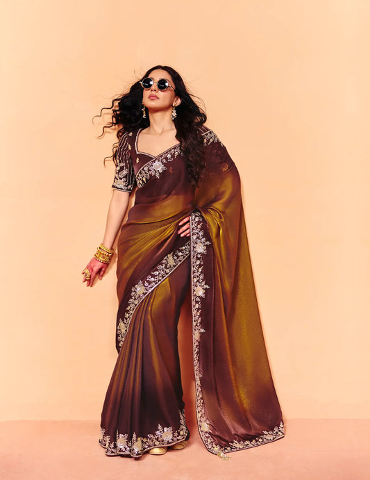 Cocoa Brown Satin Embroidery Saree