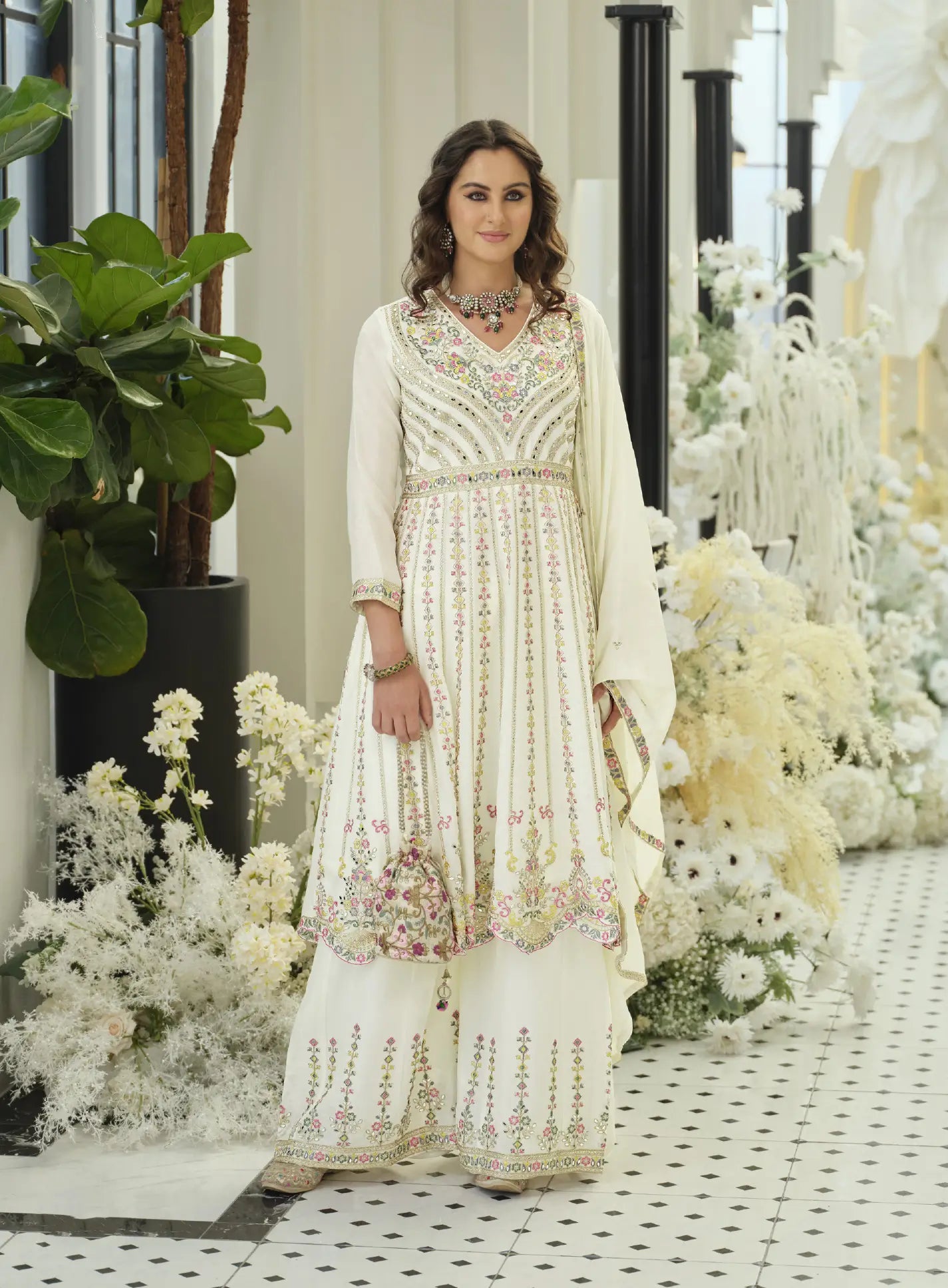 Pearl White Chinon Embroidered Salwar Suit