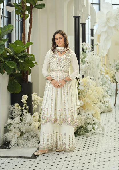 Pearl White Chinon Embroidered Salwar Suit