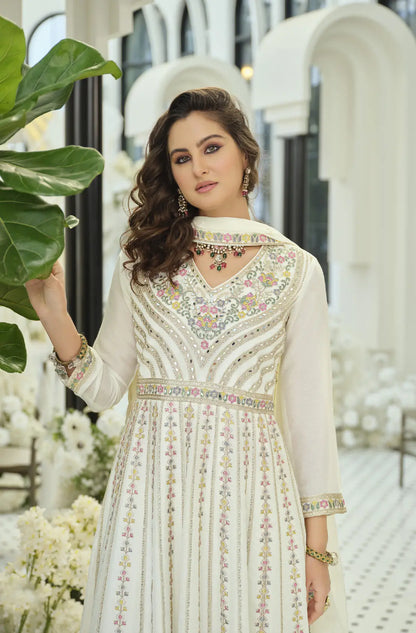 Pearl White Chinon Embroidered Salwar Suit