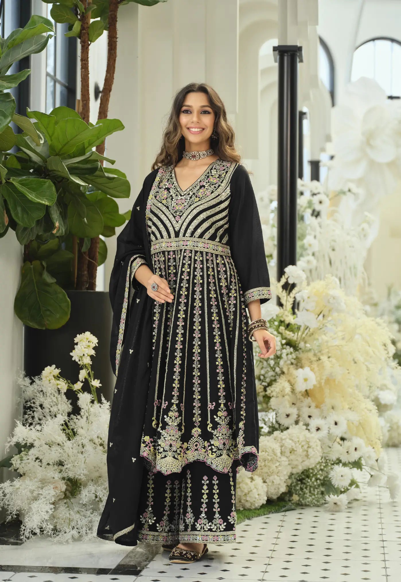 Rich Black Chinon Embroidered Salwar Suit