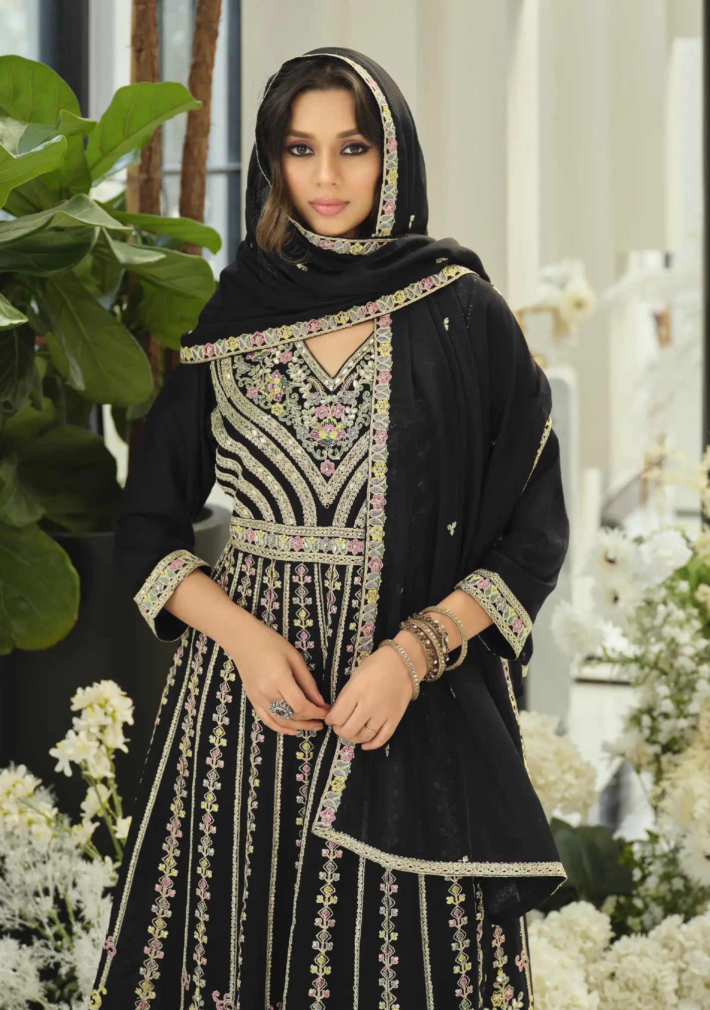 Rich Black Chinon Embroidered Salwar Suit