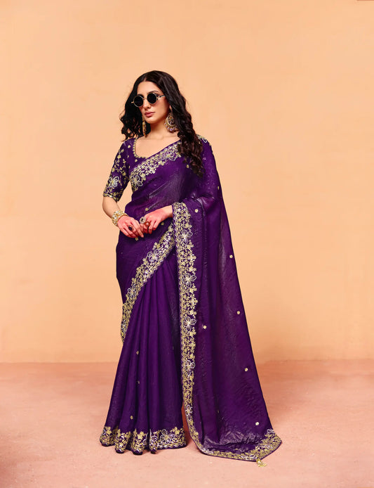 Dark Purple Organza Embroidery Saree