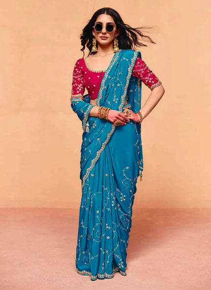 Venice Blue Satin Embroidery Saree