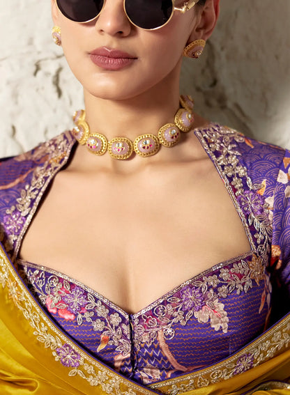 Mustard Gold Embroidered Party Wear Saree