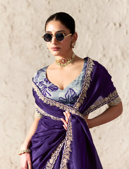 Deep Purple Embroidered Party Wear Saree