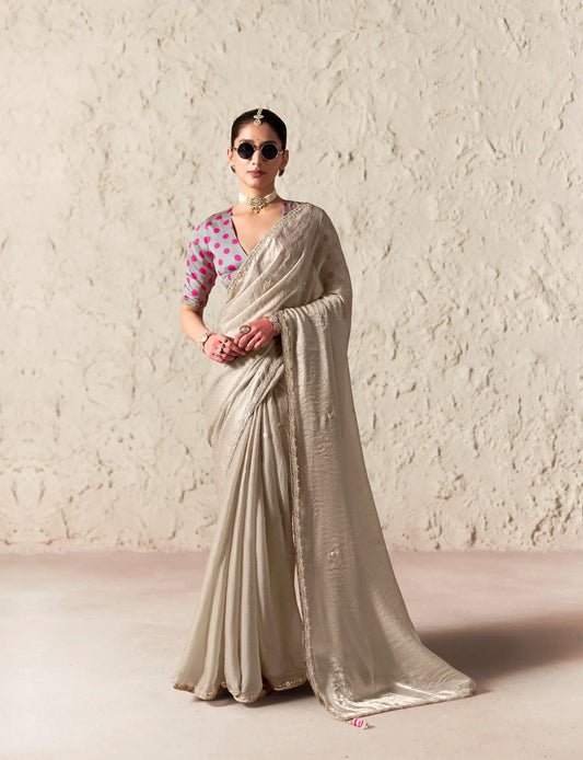 Silver Grey Embroidered Party Wear Saree