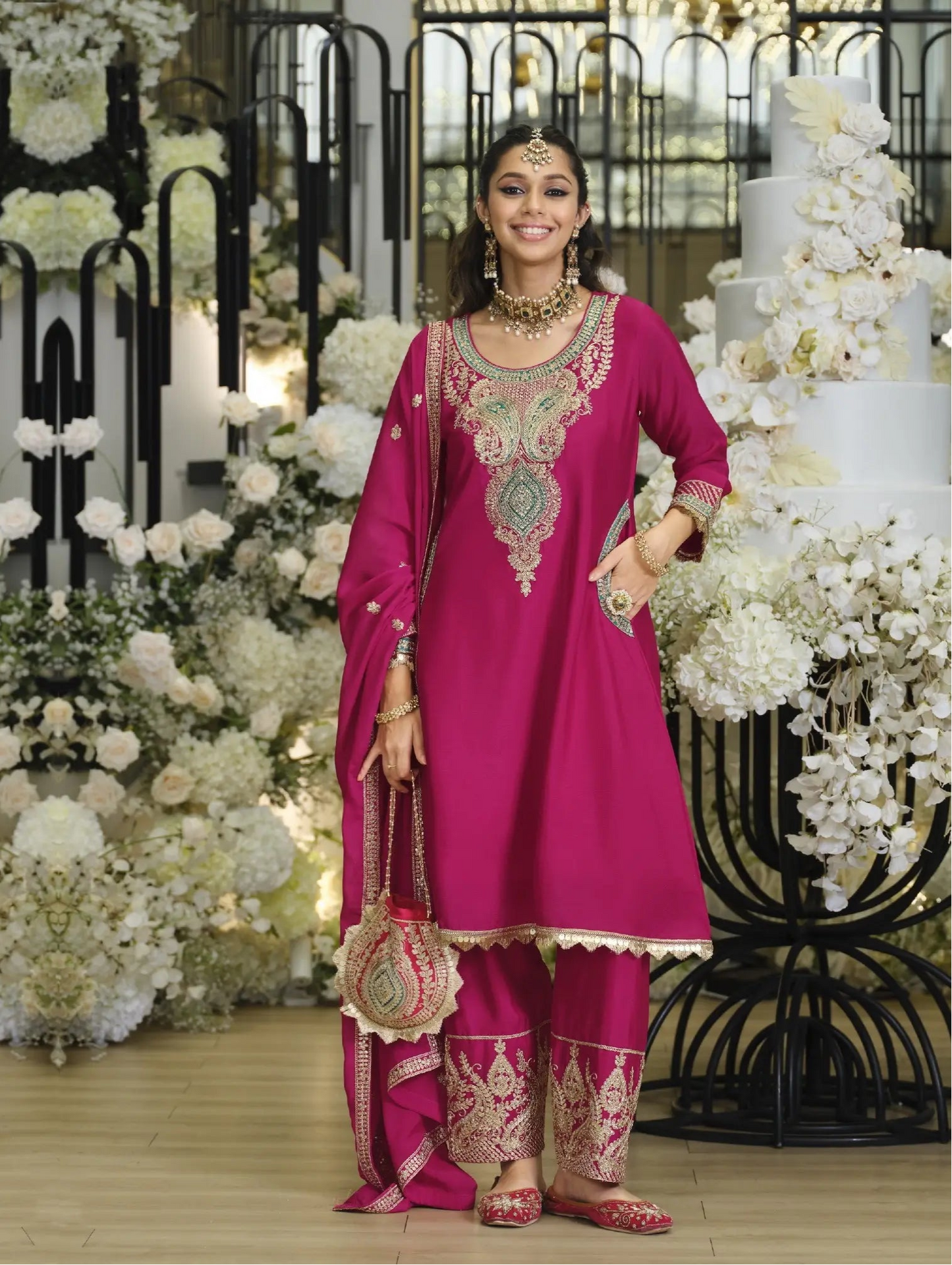 Cerise Pink Chinon Embroidered Salwar Suit