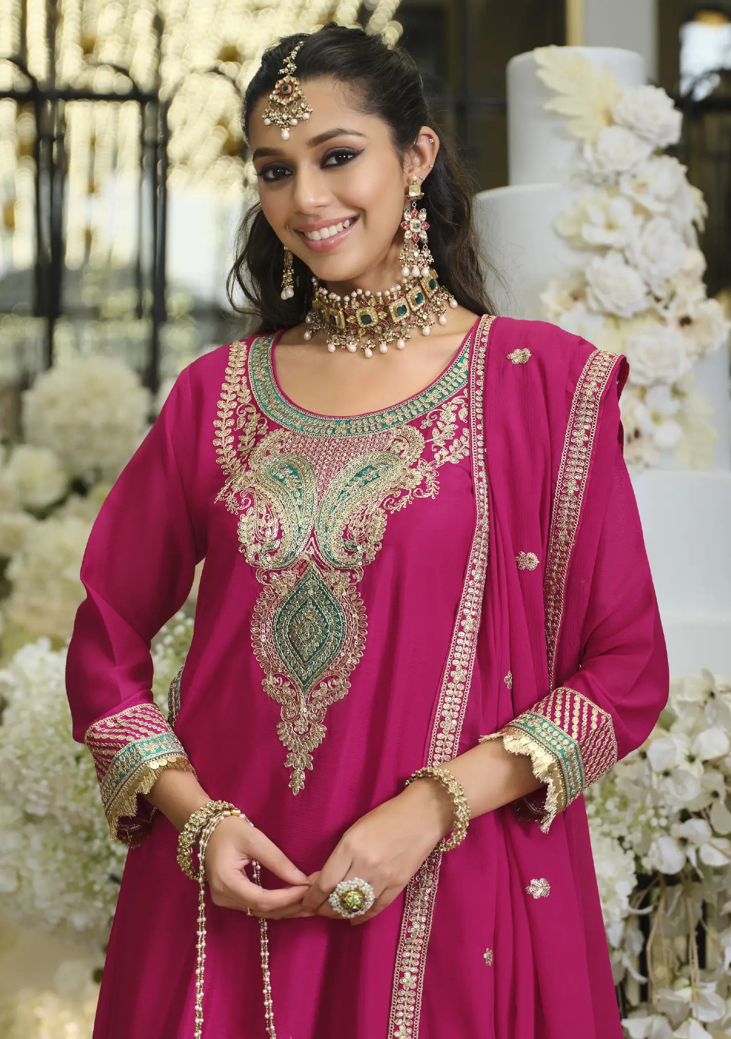 Cerise Pink Chinon Embroidered Salwar Suit