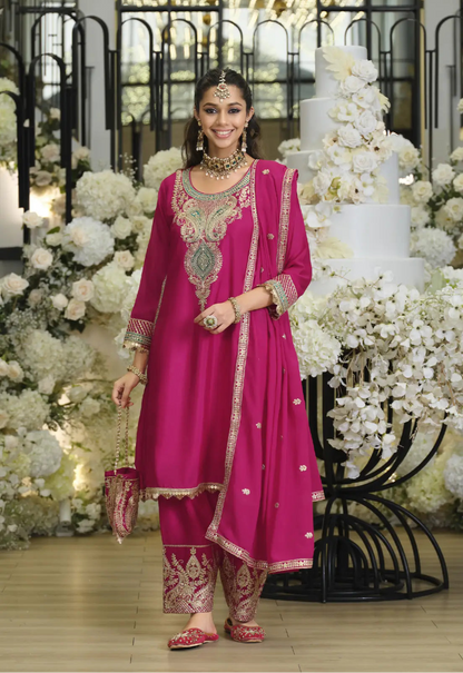 Cerise Pink Chinon Embroidered Salwar Suit