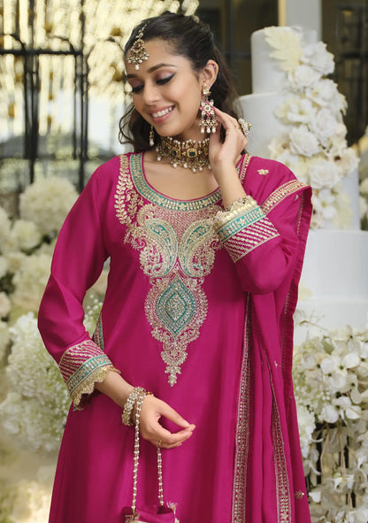 Cerise Pink Chinon Embroidered Salwar Suit