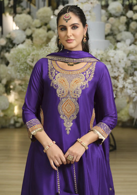Warm Purple Chinon Embroidered Salwar Suit