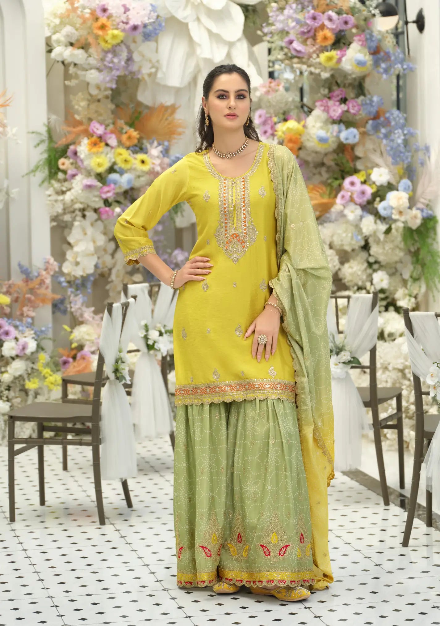Yellow-Green Chinon Embroidered Salwar Suit
