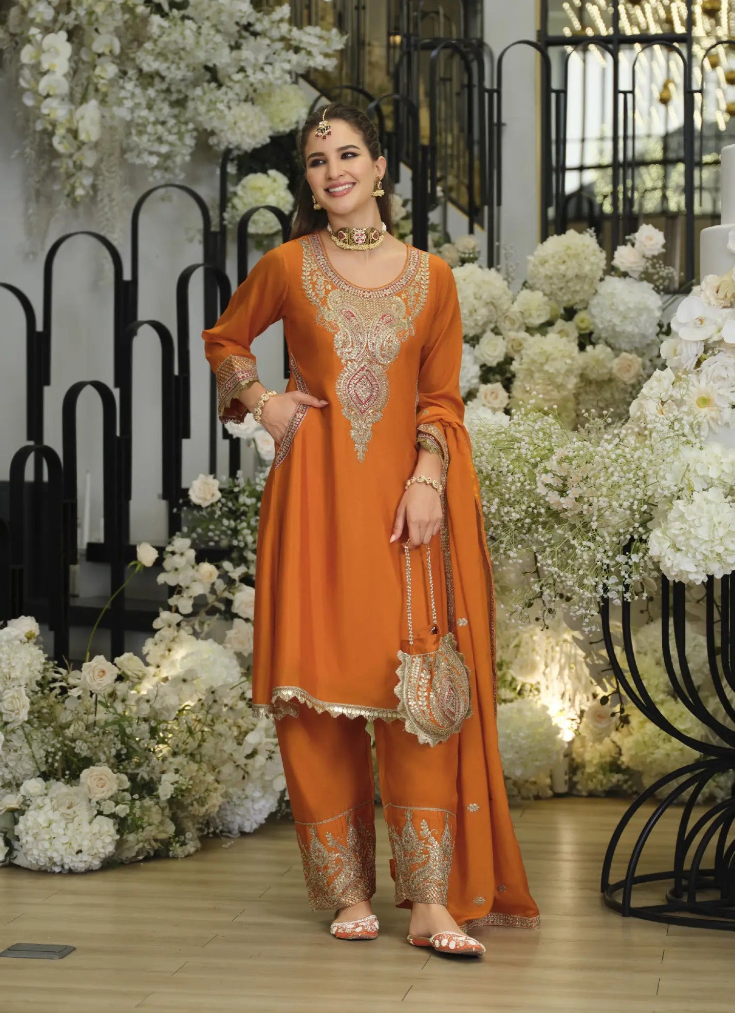 Bright Orange Chinon Embroidered Salwar Suit