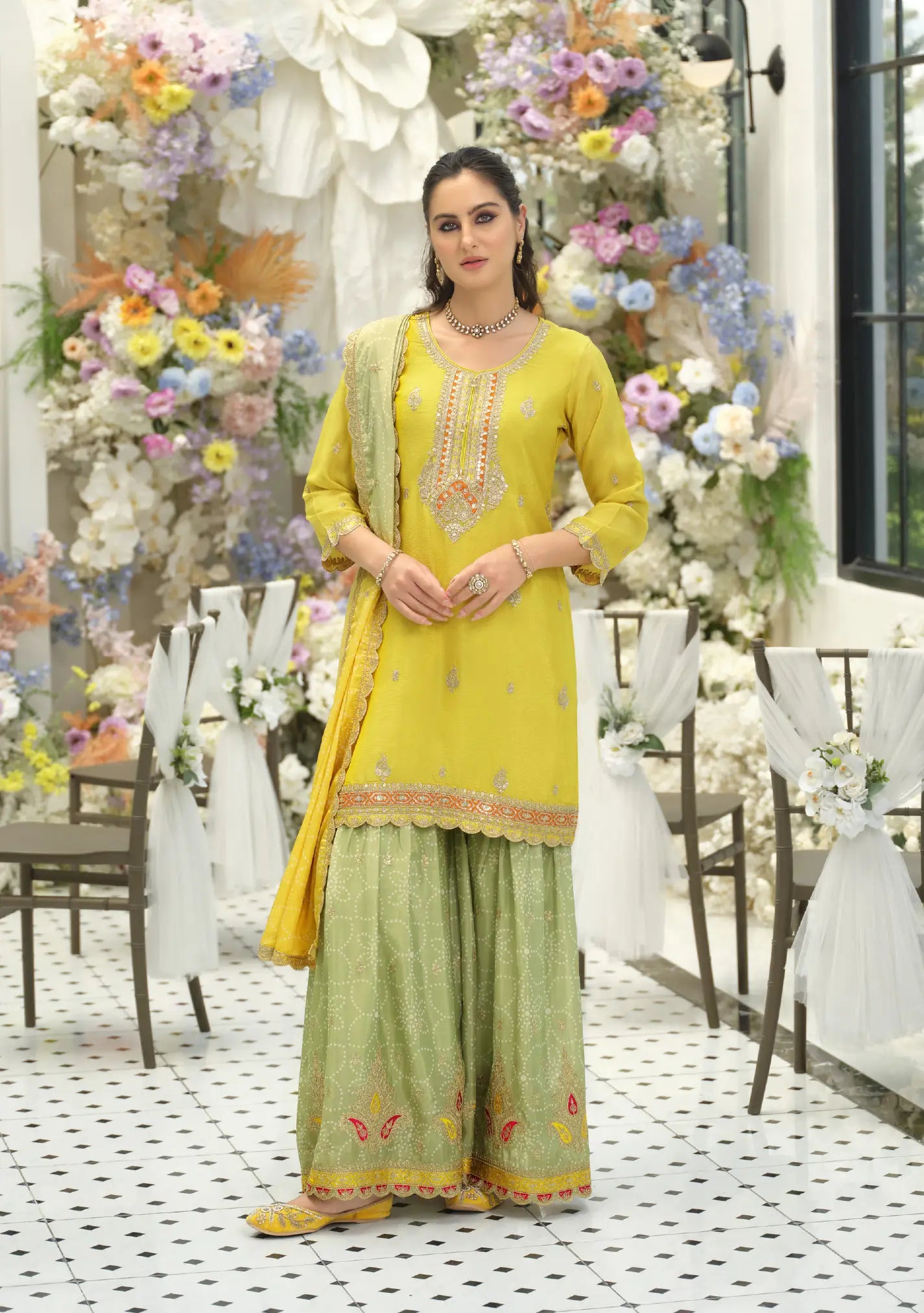 Yellow-Green Chinon Embroidered Salwar Suit