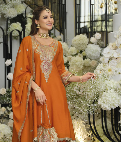Bright Orange Chinon Embroidered Salwar Suit