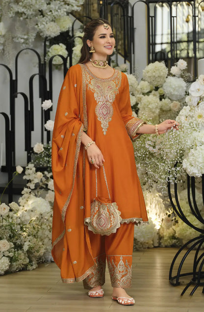 Bright Orange Chinon Embroidered Salwar Suit