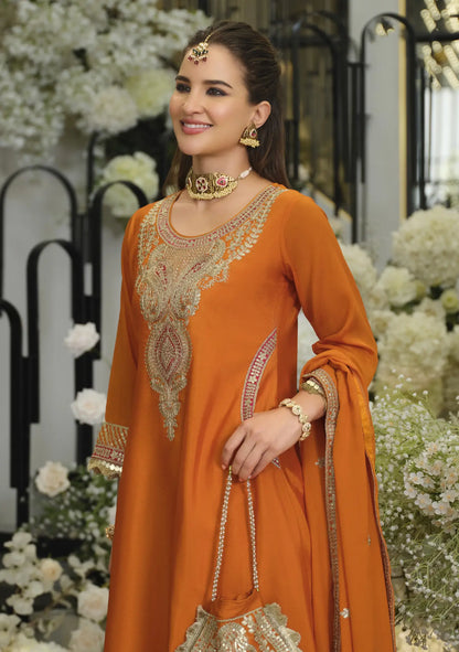 Bright Orange Chinon Embroidered Salwar Suit