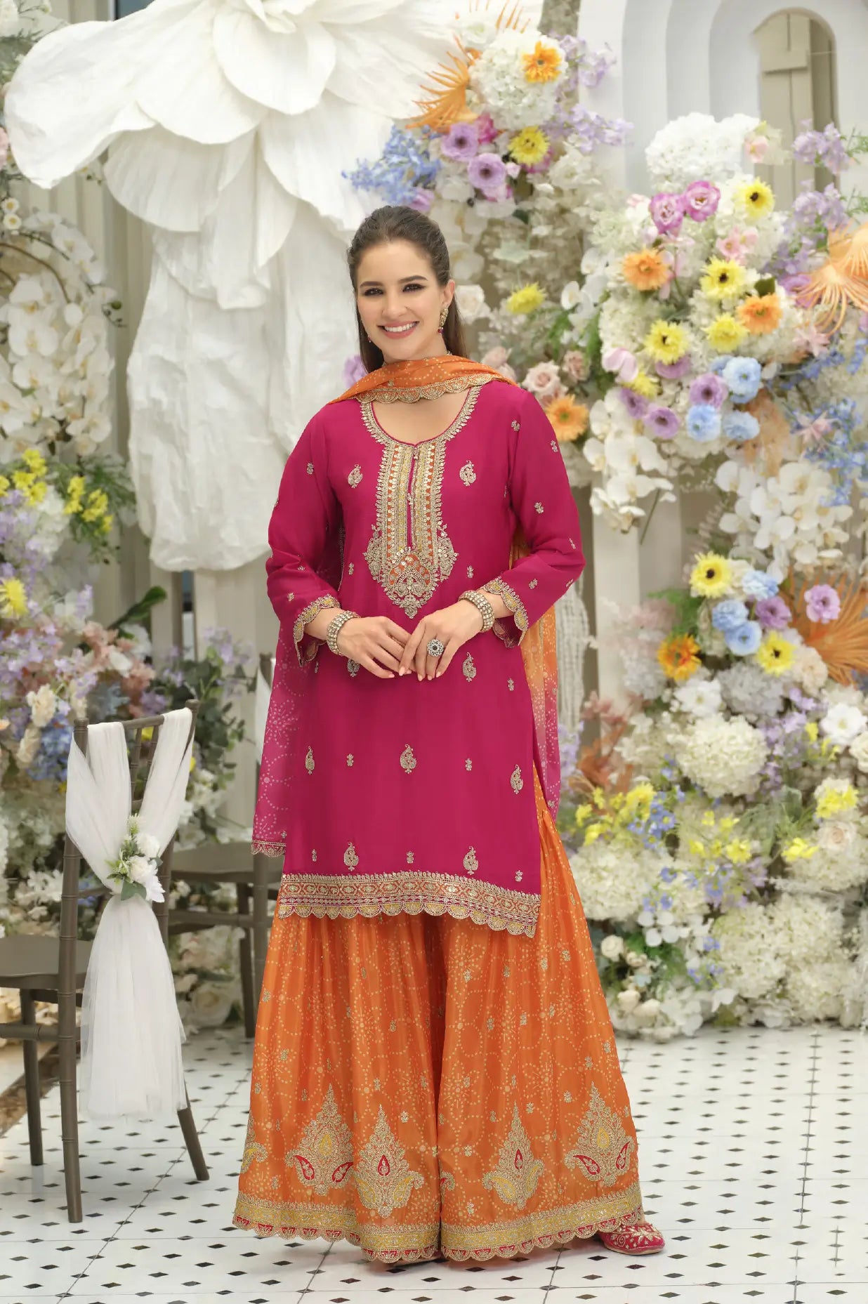 Pink-Orange Chinon Embroidered Salwar Suit