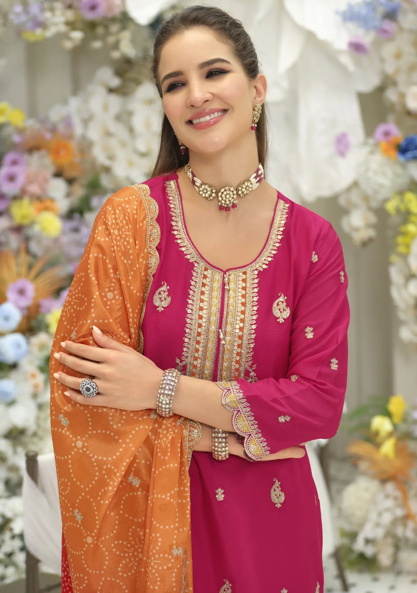 Pink-Orange Chinon Embroidered Salwar Suit