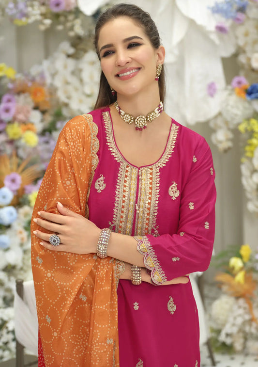 Pink-Orange Chinon Embroidered Salwar Suit
