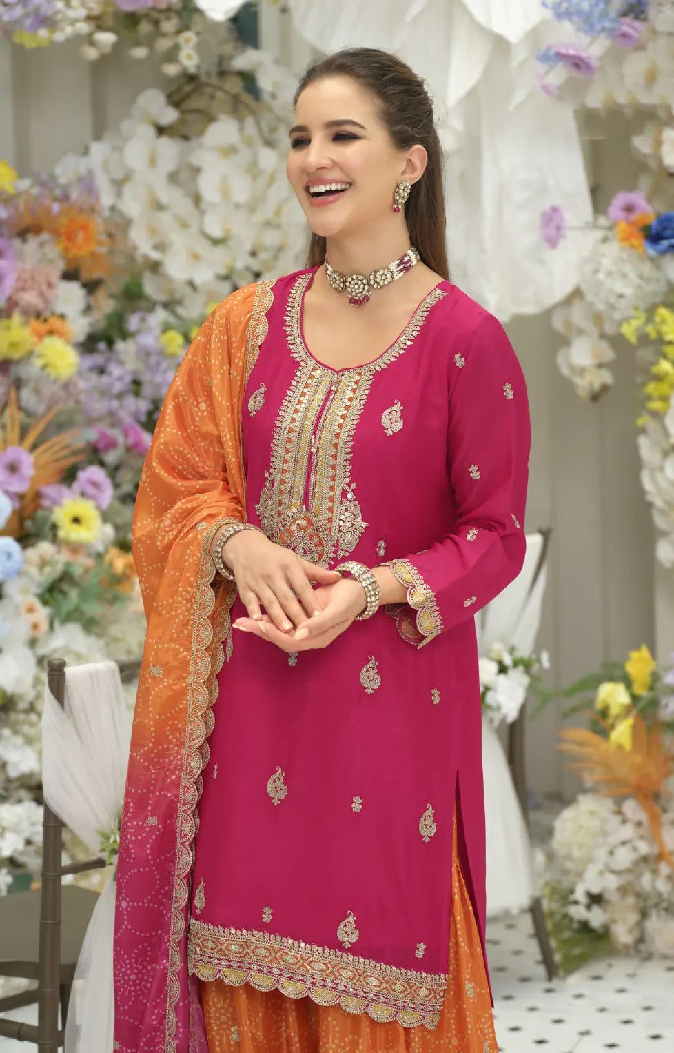 Pink-Orange Chinon Embroidered Salwar Suit