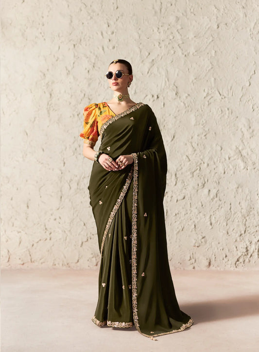 Dark Olive Embroidered Party Wear Saree