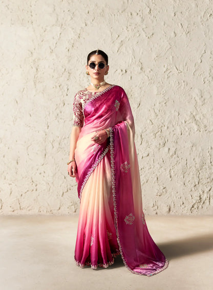Pink-White Embroidered Party Wear Saree