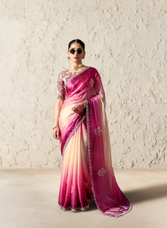 Pink-White Embroidered Party Wear Saree
