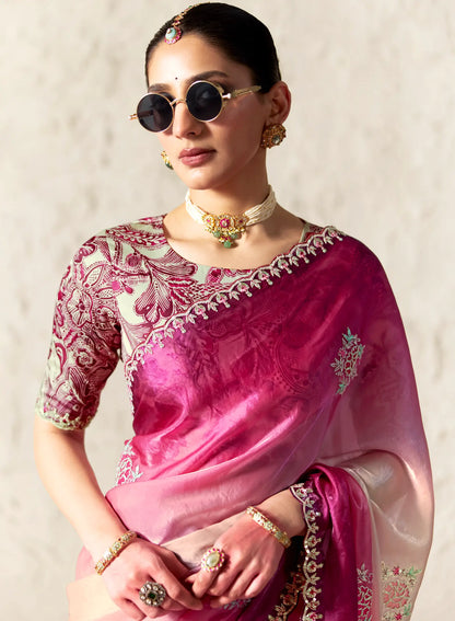 Pink-White Embroidered Party Wear Saree