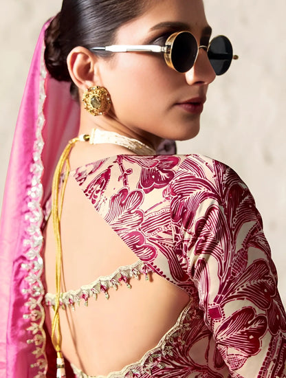 Pink-White Embroidered Party Wear Saree