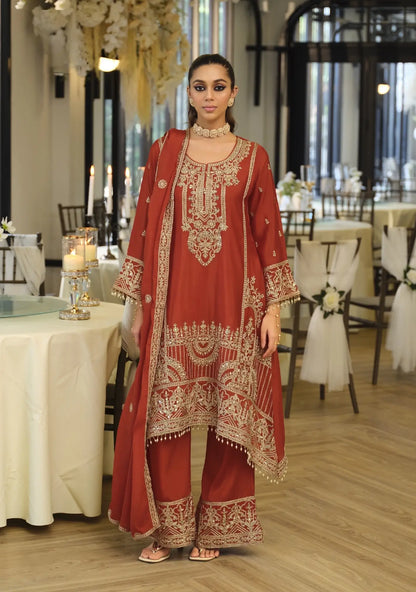 Dusty Red Chinon Embroidered Salwar Suit