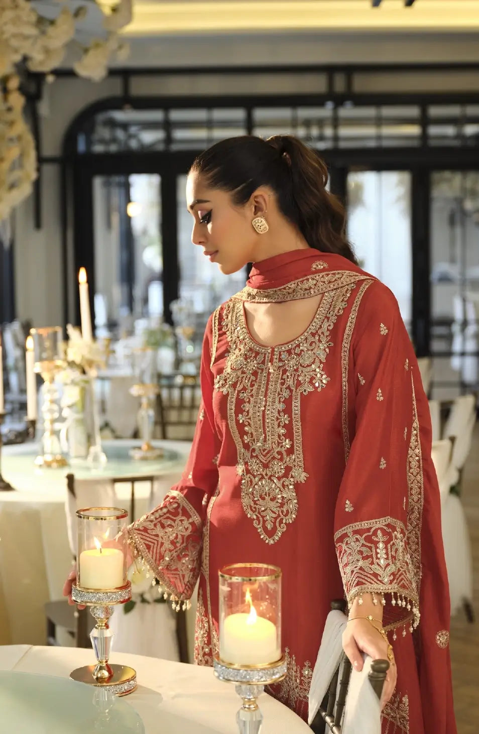 Dusty Red Chinon Embroidered Salwar Suit