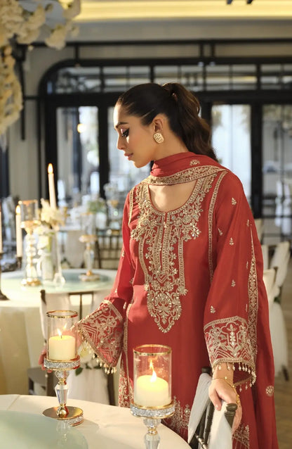 Dusty Red Chinon Embroidered Salwar Suit