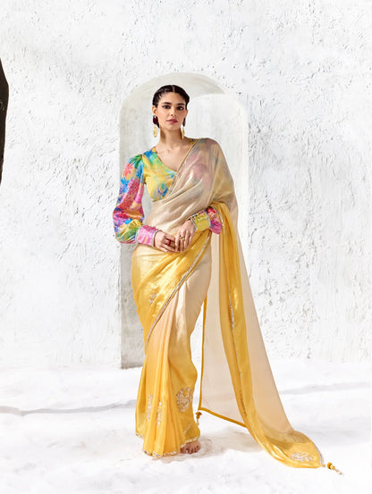 Ivory-Yellow Tissue Silk Embroidered Saree
