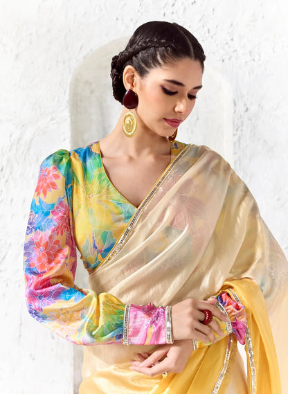Ivory-Yellow Tissue Silk Embroidered Saree