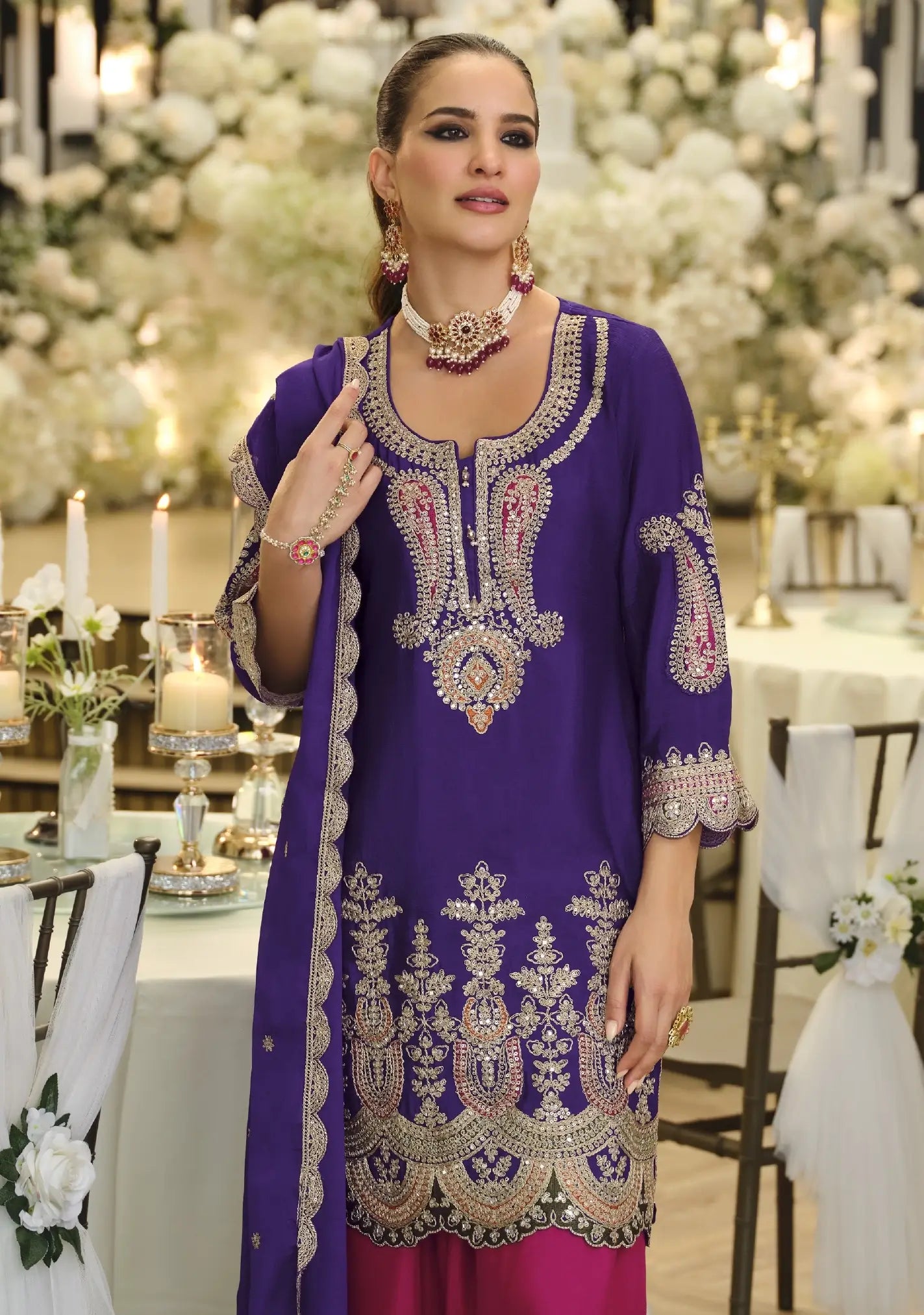 Plum Purple Chinon Embroidered Salwar Suit