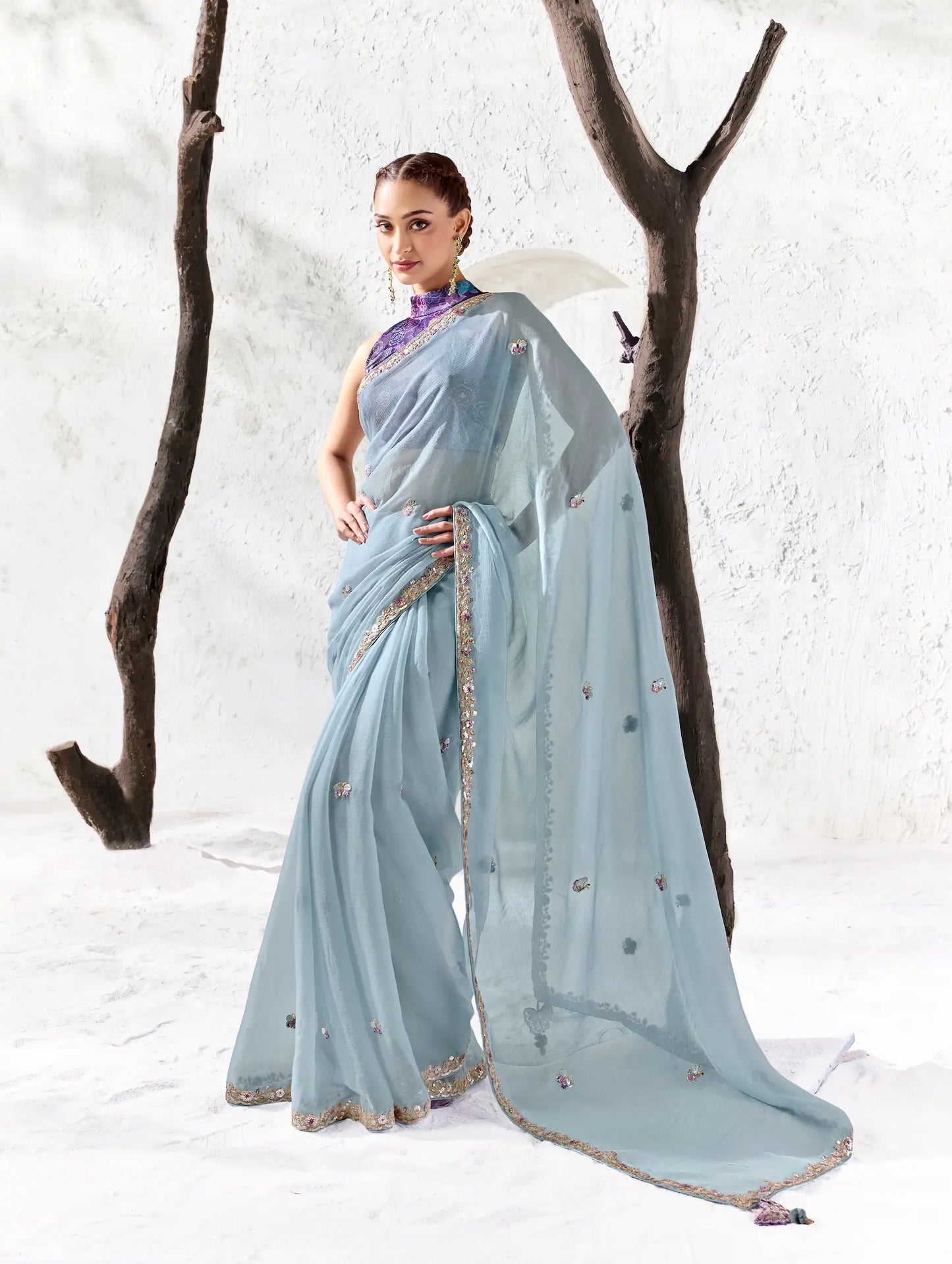Powder Blue Raw Silk Embroidered Saree