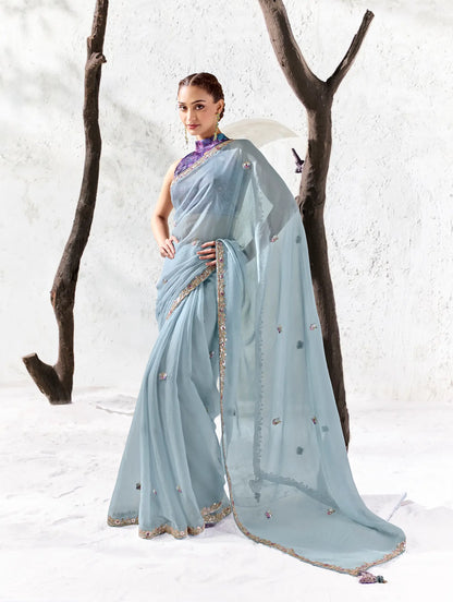 Powder Blue Raw Silk Embroidered Saree