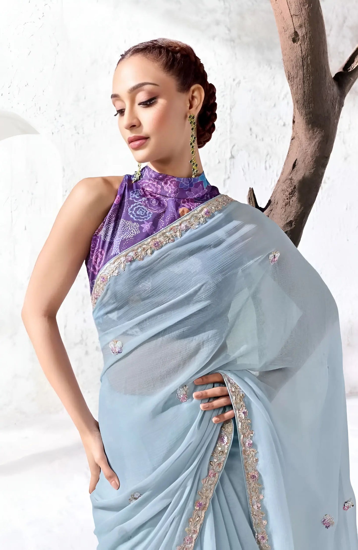 Powder Blue Raw Silk Embroidered Saree