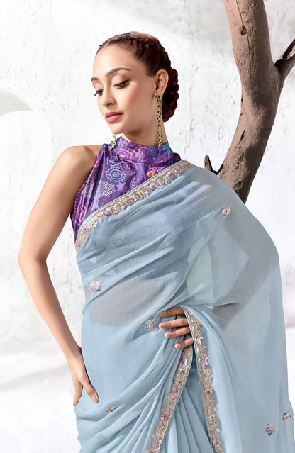 Powder Blue Raw Silk Embroidered Saree