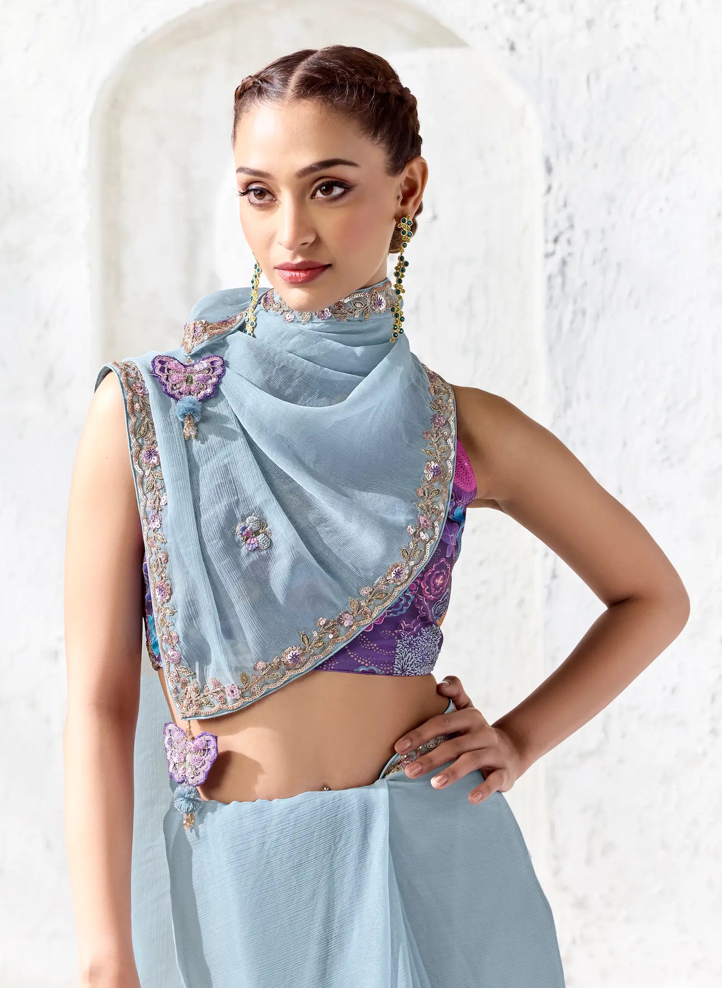 Powder Blue Raw Silk Embroidered Saree
