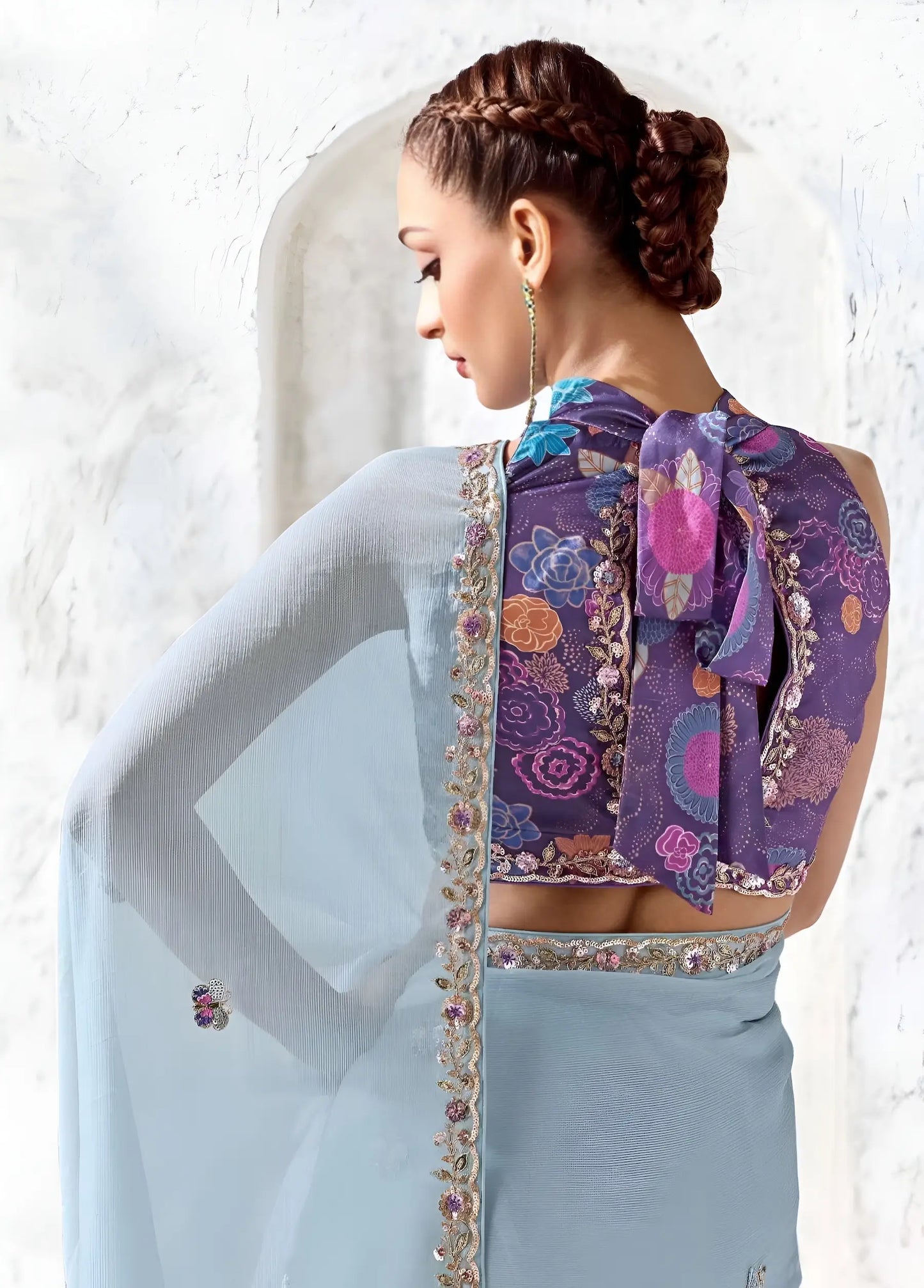 Powder Blue Raw Silk Embroidered Saree