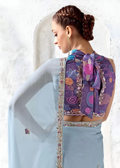 Powder Blue Raw Silk Embroidered Saree