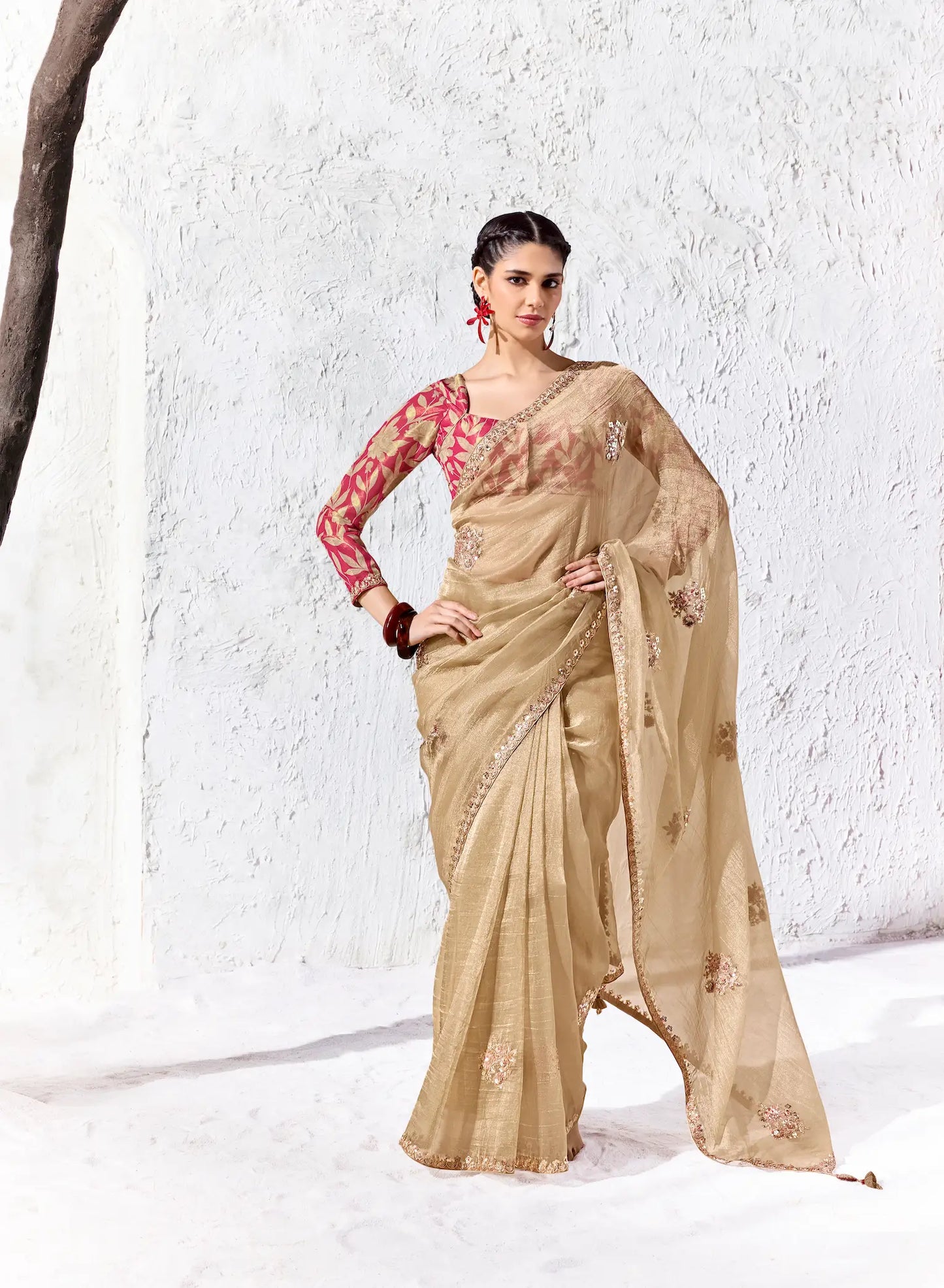 Golden Beige Cotton Silk Embroidered Saree