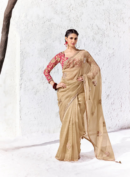 Golden Beige Cotton Silk Embroidered Saree