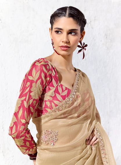 Golden Beige Cotton Silk Embroidered Saree