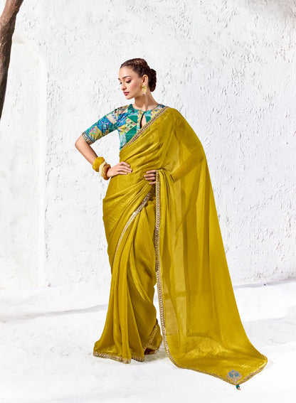 Chartreuse Yellow Silk Embroidered Saree