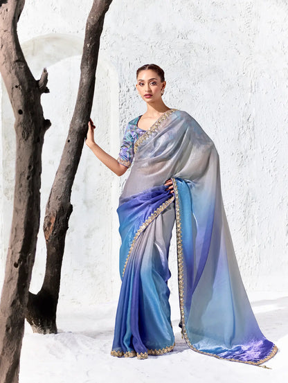 Silver-Lilac-Blue Silk Embroidered Saree