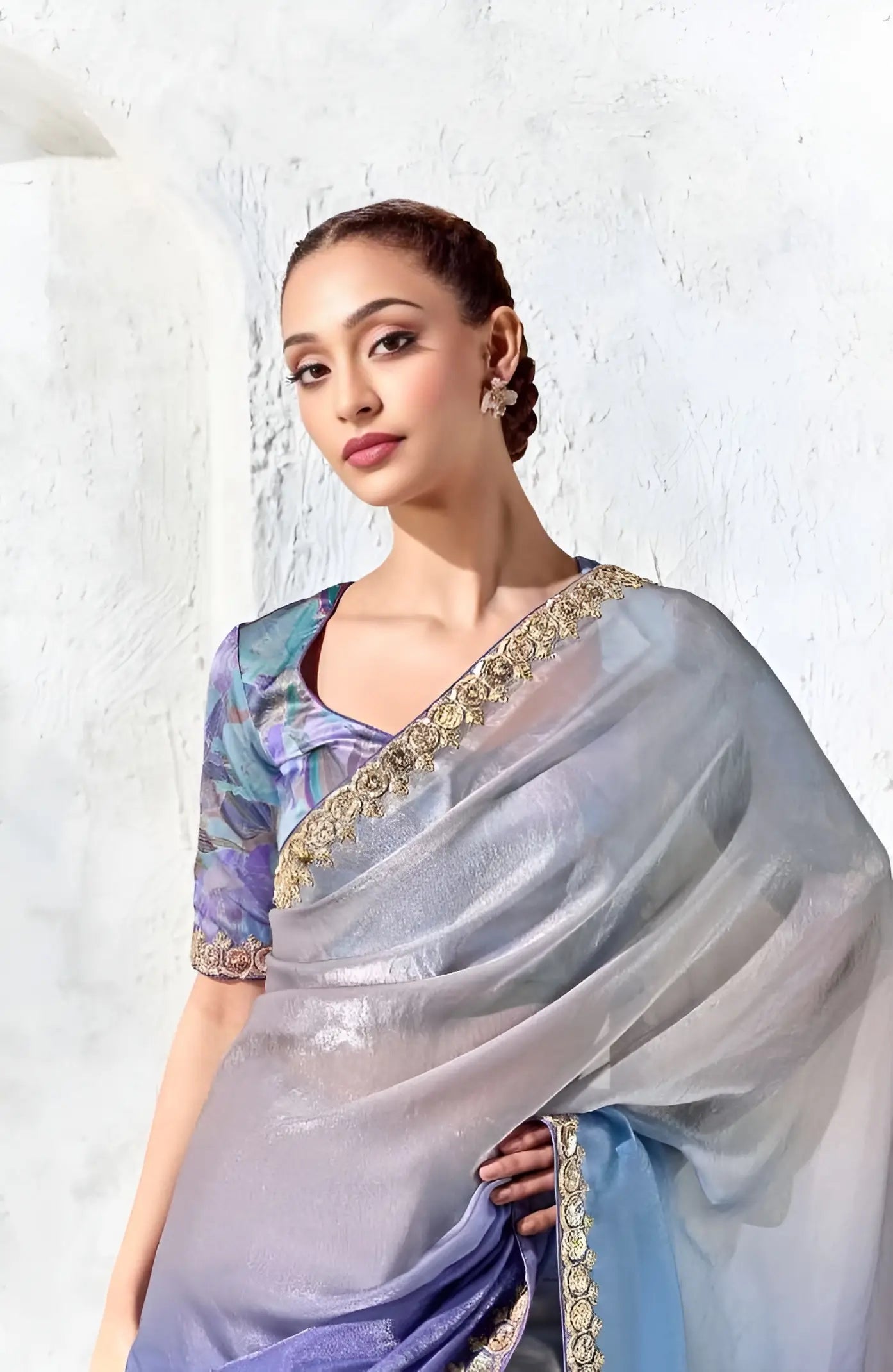 Silver-Lilac-Blue Silk Embroidered Saree